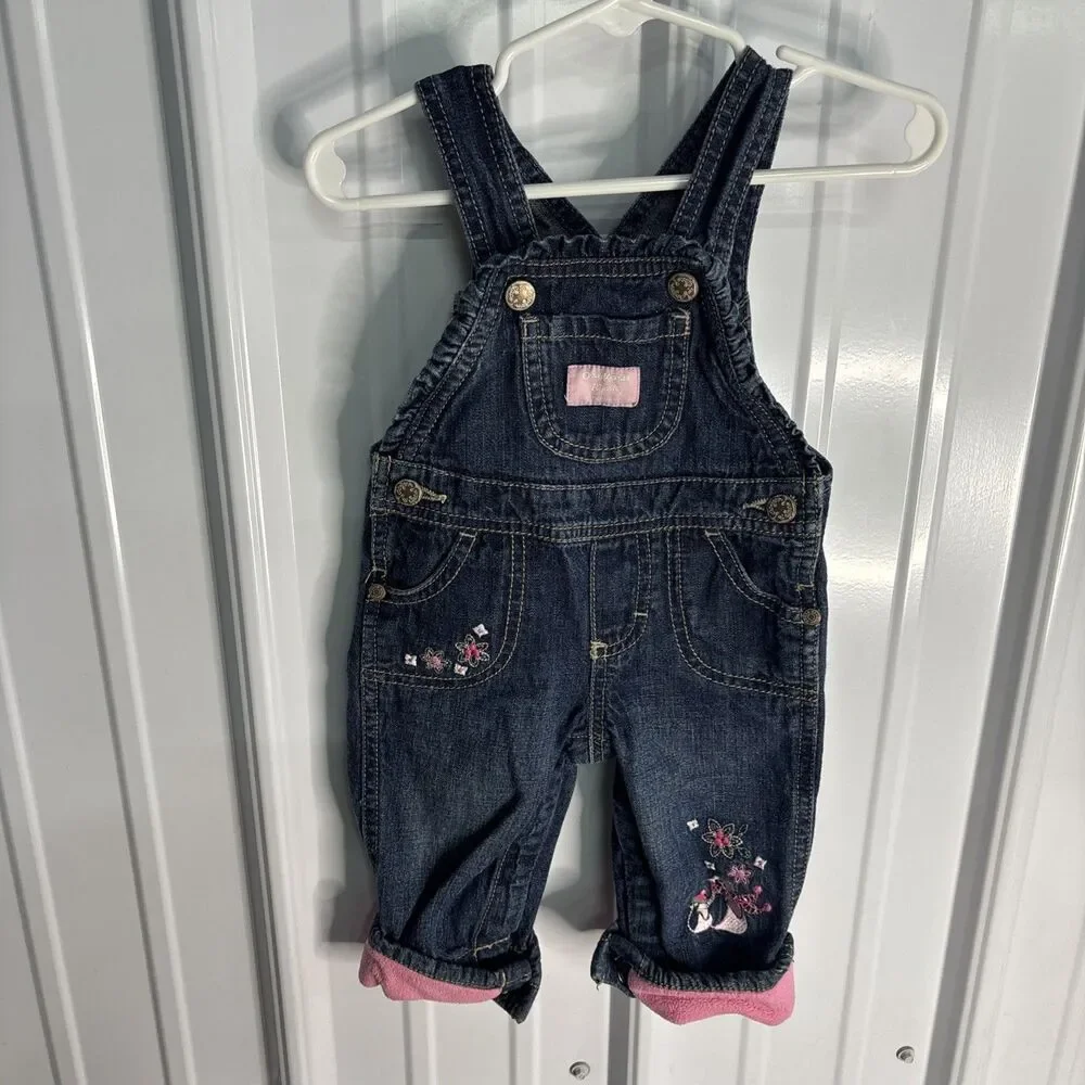 Vtg OshKosh Overalls Embroidered Penguins Pink Fleece Cuffs Ruffle Bibs 6 Mos
